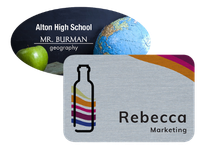 Sublimation name badges in plastic and metal stocks with full color printing