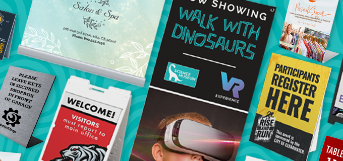 Display signs for retail and events – banner stand, A-frame floor sign, and counter sign with easel